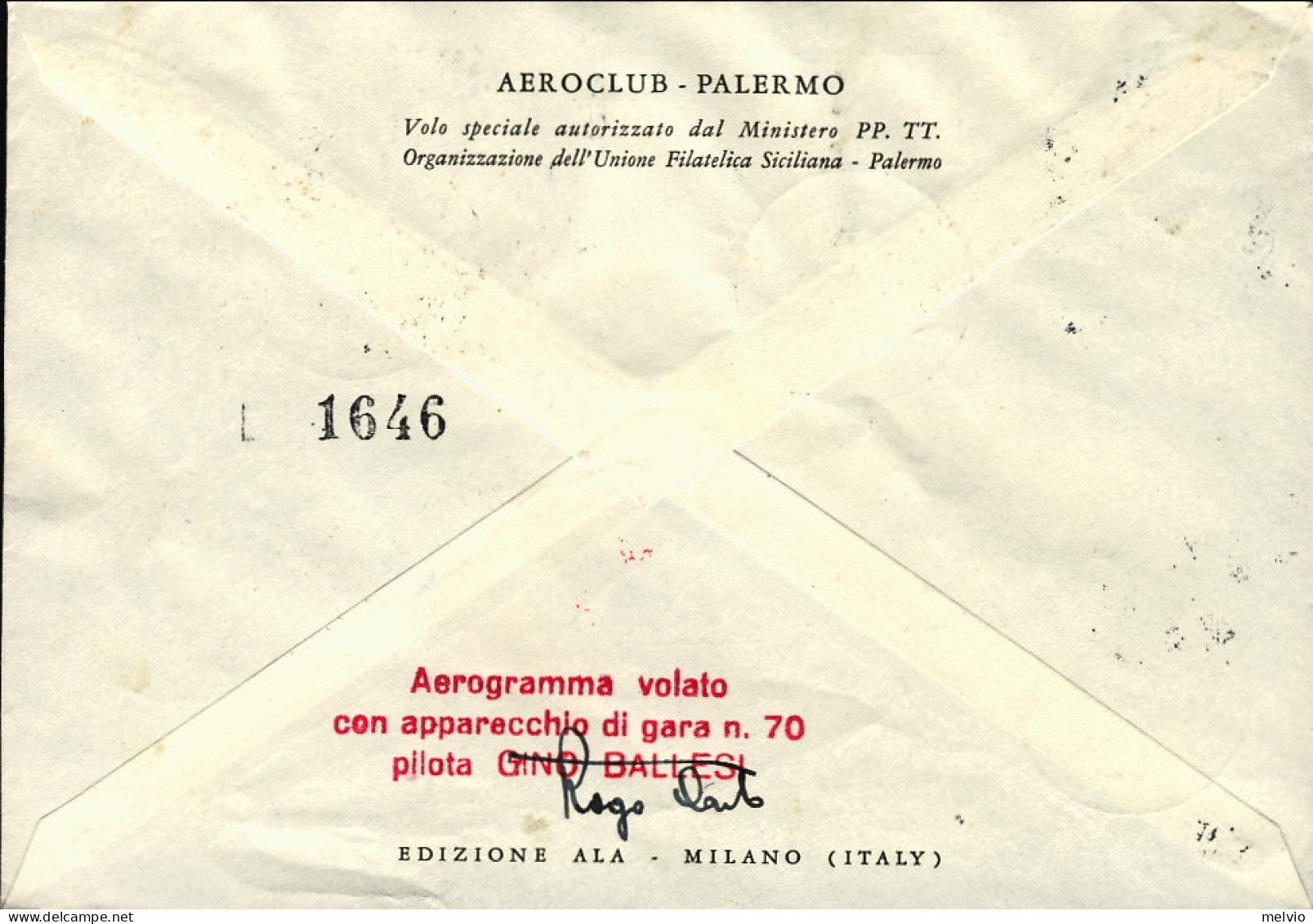 San Marino-1956 Cat.Pellegrini N.680 Euro80, 8^ Giro Aereo Internaz. Sicilia+vig - Airmail