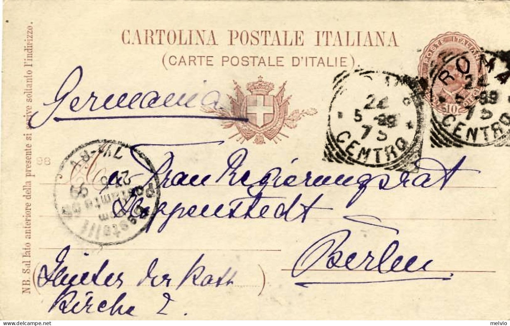 1899-cartolina Postale 10c.Umberto I Effigie Ovale Diretta In Germania Cat.Unifi - Entero Postal