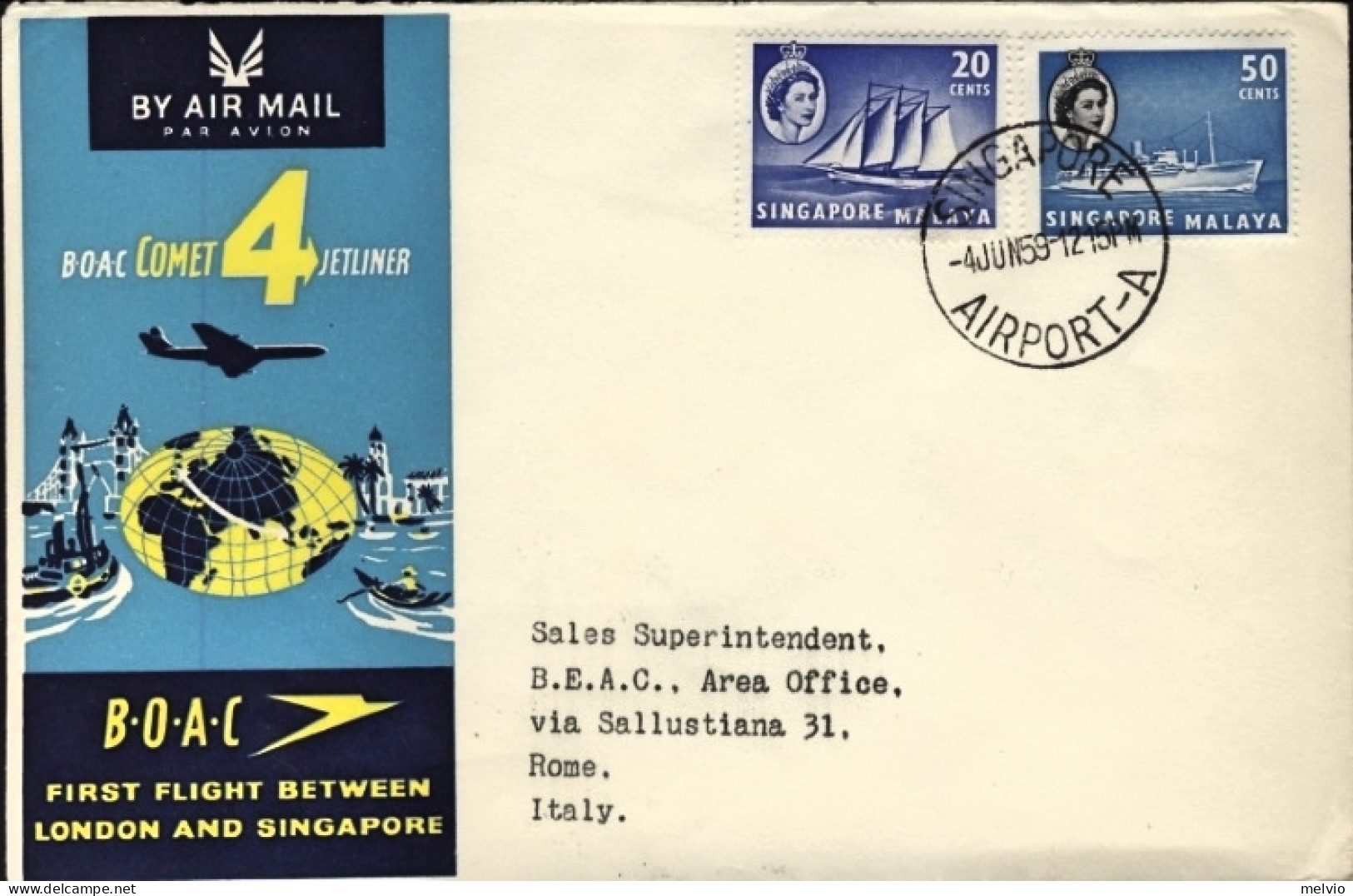 1959-Singapore Cat.Pellegrini N.967 Euro 80 I^volo BOAC Singapore Roma Del 4 Giu - Singapour (1959-...)