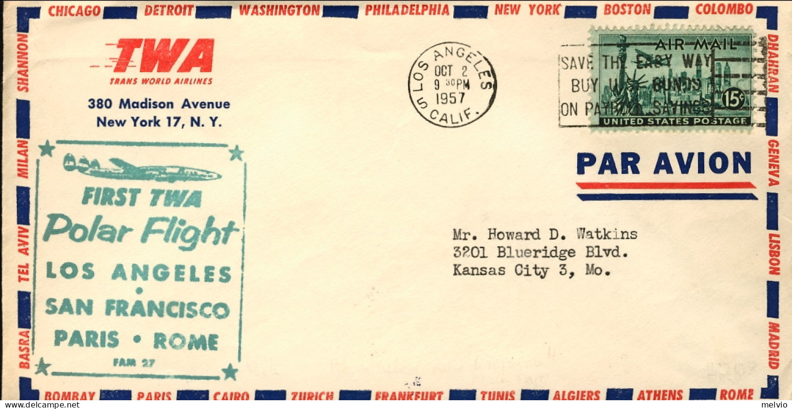 1957-U.S.A. Ufficiale TWA I^volo Polare TWA Los Angeles Roma FAM 27 Del 2 Ottobr - 2c. 1941-1960 Briefe U. Dokumente
