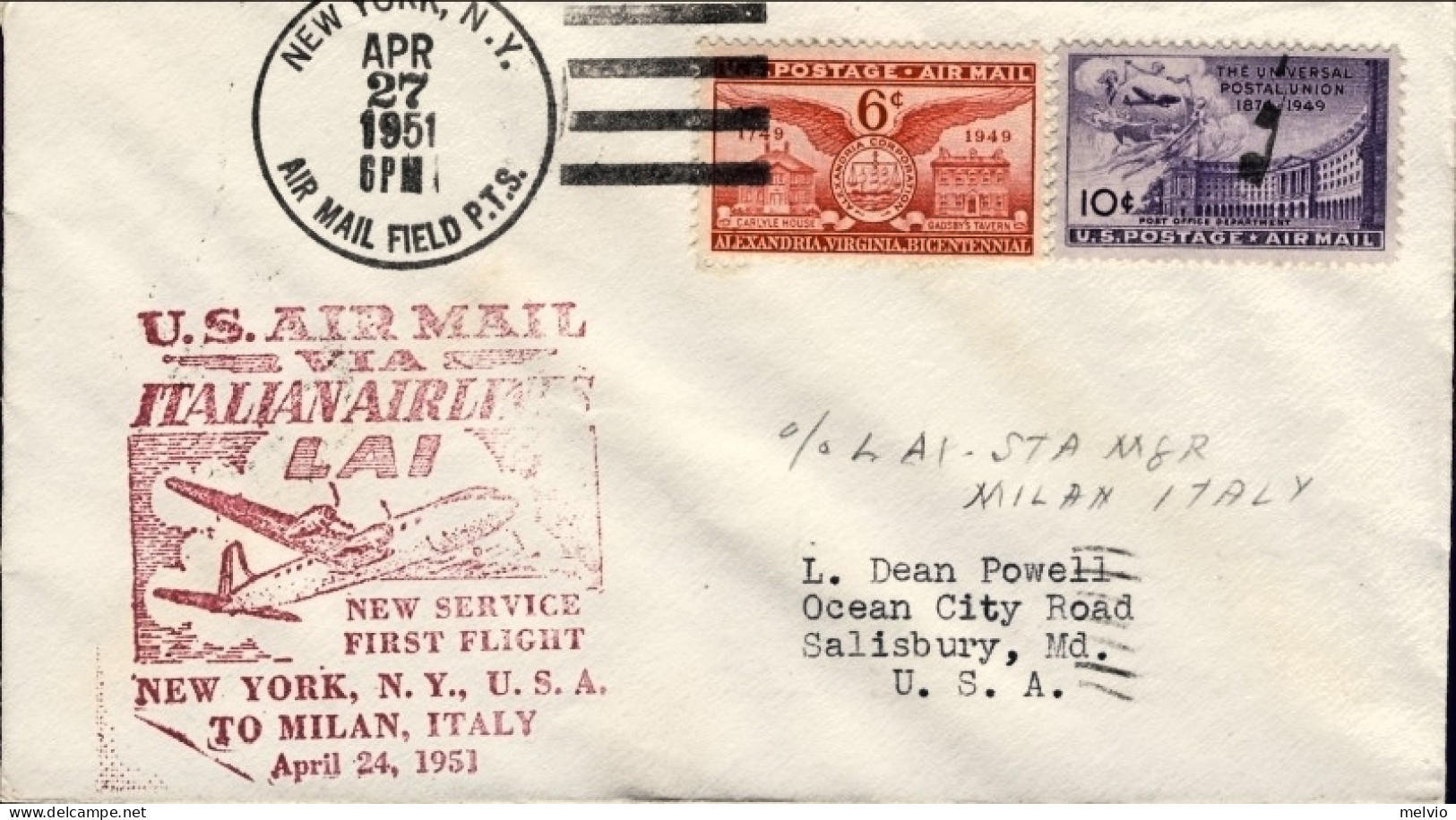 1951-U.S.A. Cat.Pellegrini N.406 Euro 230, I^volo New York Milano U.S.air Mail V - Autres & Non Classés