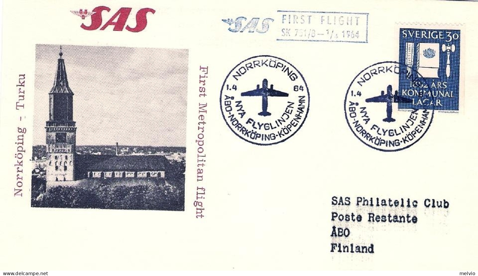 1964-Svezia Cartolina I^volo Metropolitano SAS Norrkoping-Turku,al Verso Bollo D - Cartas & Documentos