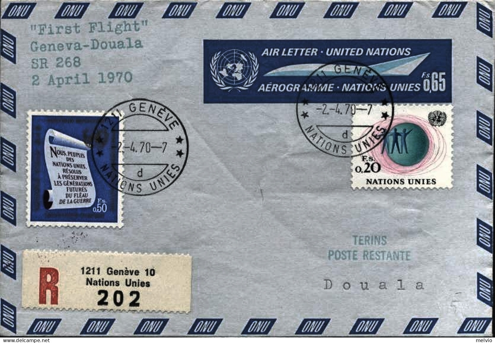 1970-Nazioni Unite Raccomandata Con Bollo I^volo Geneva Nations Unies-Douala (Ca - Sonstige & Ohne Zuordnung