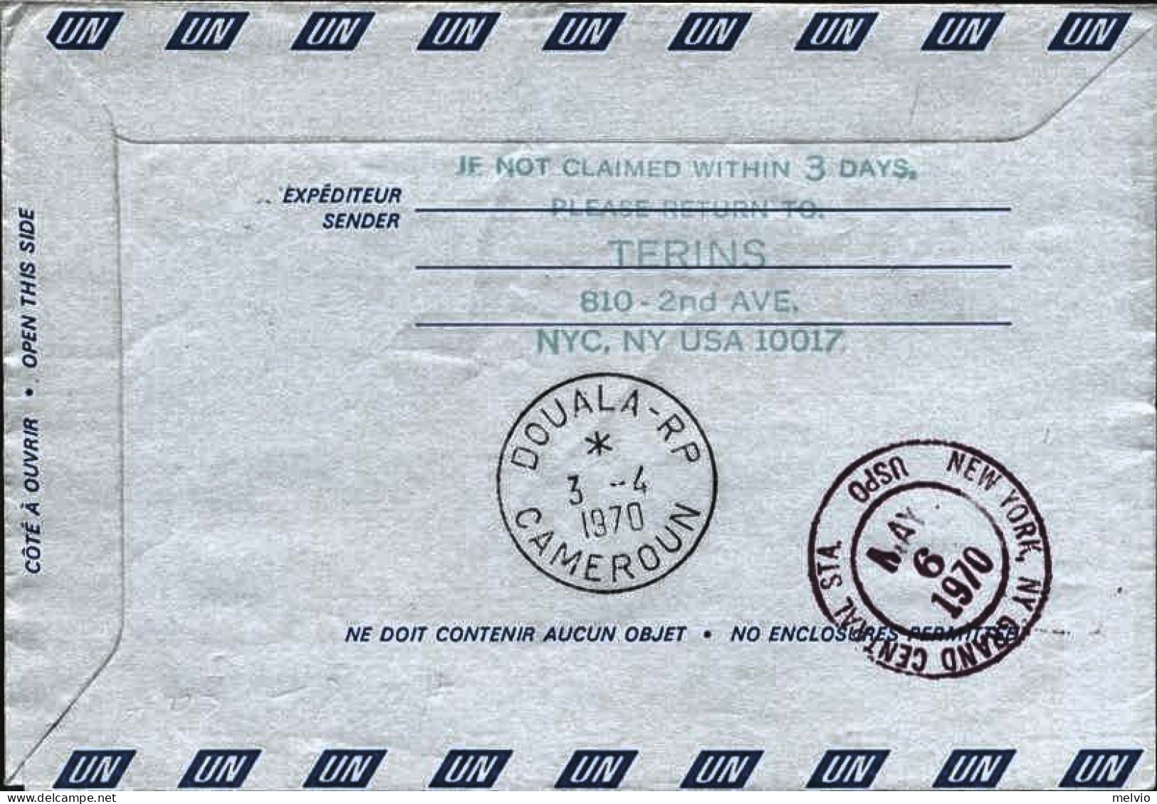 1970-Nazioni Unite Raccomandata Con Bollo I^volo Geneva Nations Unies-Douala (Ca - Andere & Zonder Classificatie
