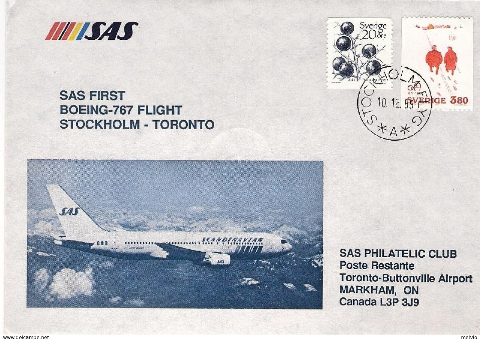 1989-Svezia I^volo SAS Stoccolma-Toronto,al Verso Bollo D'arrivo - Briefe U. Dokumente