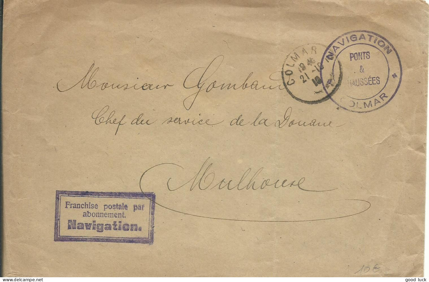 FRANCE LETTRE NAVIGATION COLMAR ( HAUT RHIN ) POUR MULHOUSE DE 1910 LETTRE COVER - Cartas Civiles En Franquicia