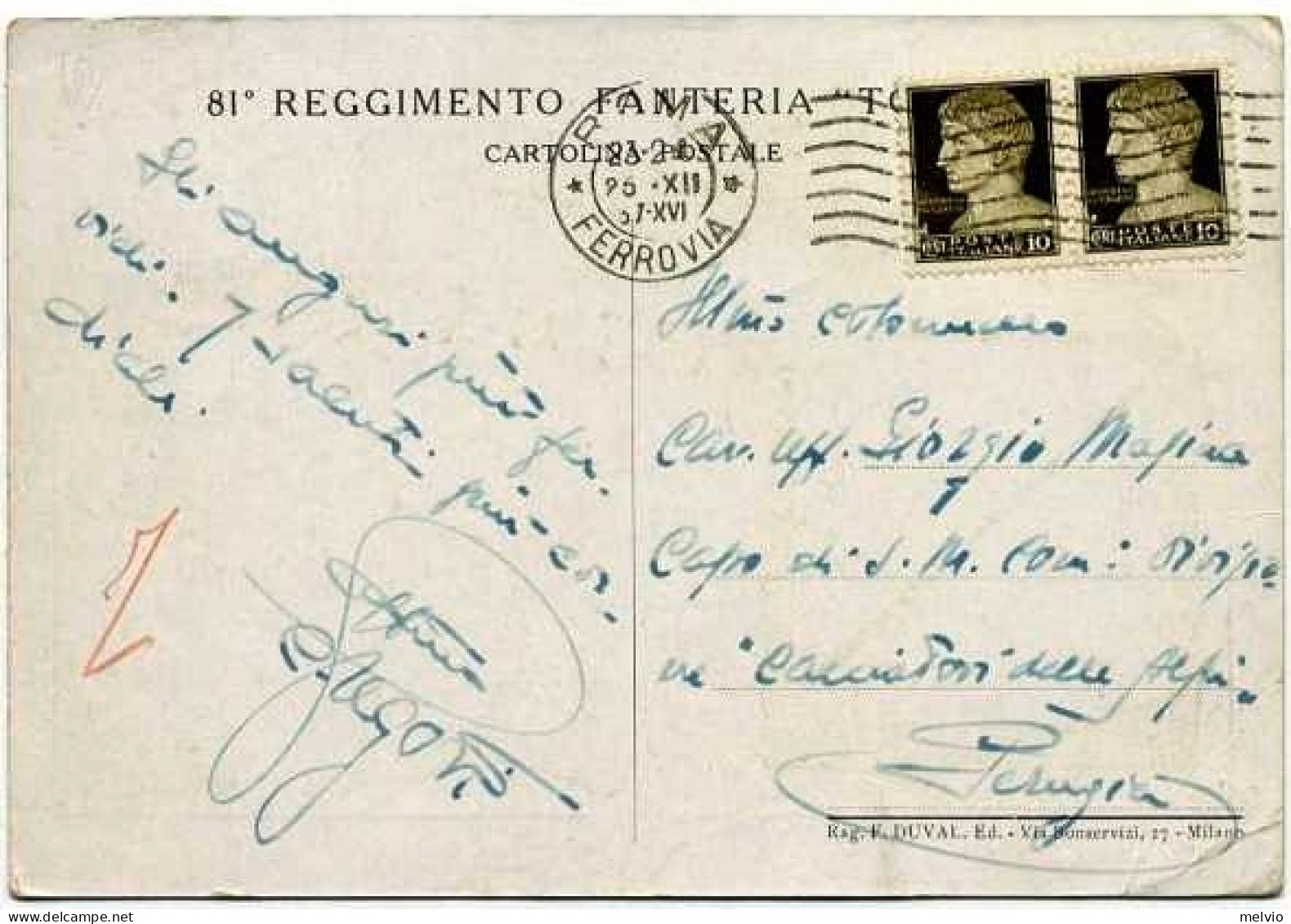 1937-"81 Reggimento Fanteria Torino"affrancata Coppia 10c.Imperiale,leggera Pieg - Régiments