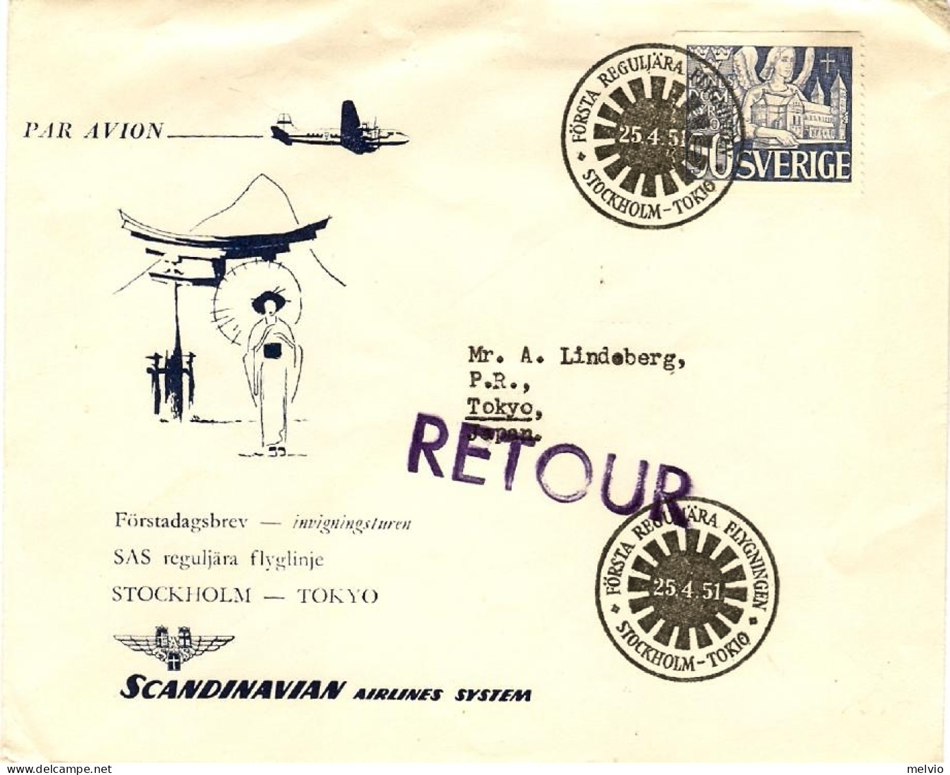 1951-Svezia Volo Commemorativo SAS Stoccolma-Tokyo,al Verso Bollo D'arrivo - Brieven En Documenten