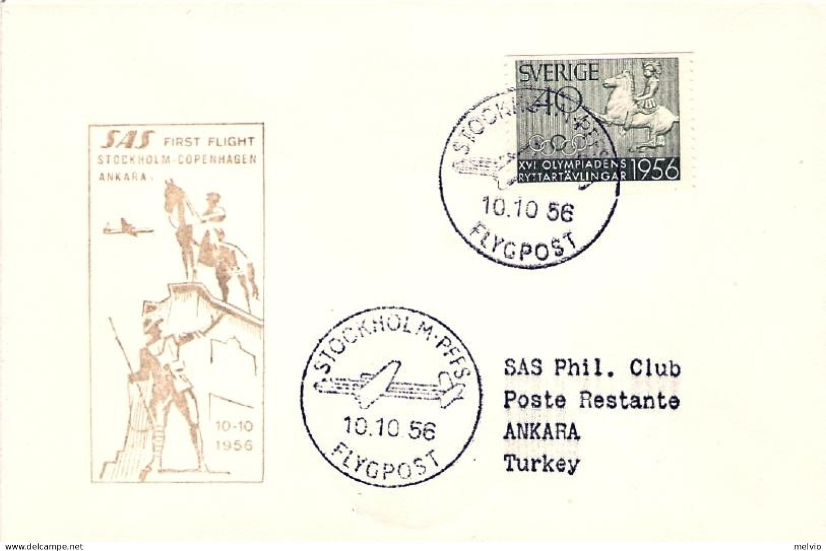 1956-Svezia I^volo SAS Stoccolma-Copenhagen-Ankara,al Verso Bollo D'arrivo - Lettres & Documents