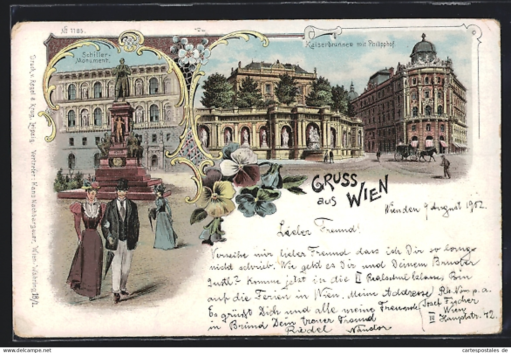 Lithographie Wien, Kaiserbrunnen Mit Philipphof, Schiller-Monument  - Other & Unclassified