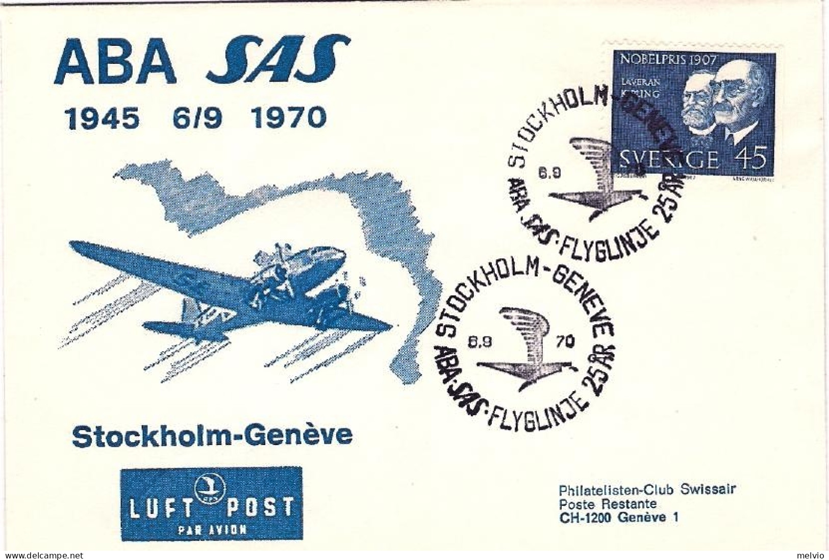 1970-Svezia Commemorativo Del I^volo A.B.A./SAS Stoccolma-Ginevra,al Verso Bollo - Brieven En Documenten