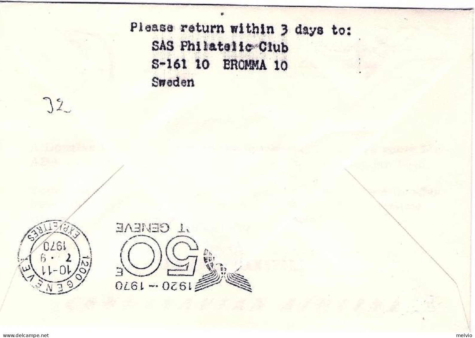 1970-Svezia Commemorativo Del I^volo A.B.A./SAS Stoccolma-Ginevra,al Verso Bollo - Cartas & Documentos