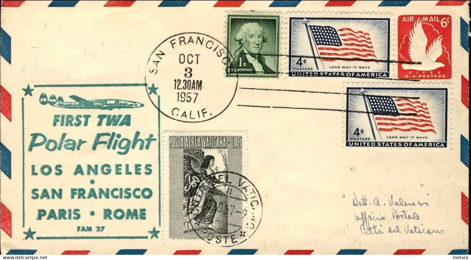 1957-U.S.A. Bollo Figurato I^volo Polare San Francisco-citta' Del Vaticano Del 3 - Otros & Sin Clasificación