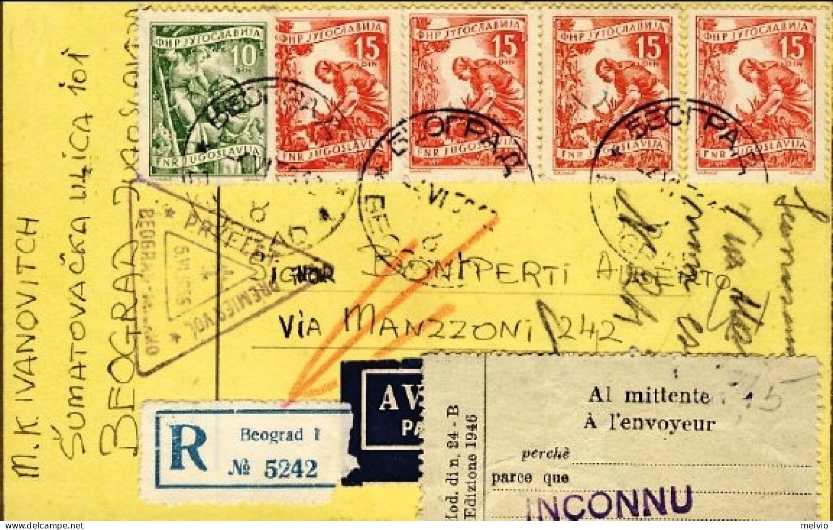 1956-Jugoslavia Cat.Pellegrini N.676 Euro 90 Bollo I^volo Belgrado-Milano Del 5  - Aéreo