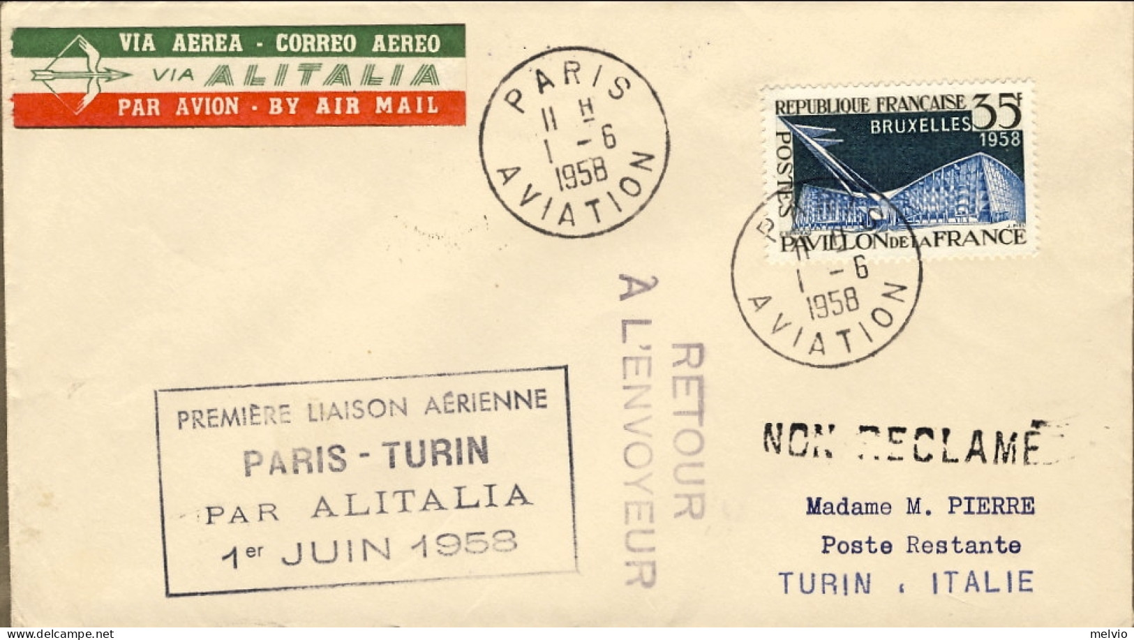 1958-France Francia Cat.Pellegrini Euro 85, I^volo Alitalia Parigi Torino Del 1  - 1921-1960: Modern Period
