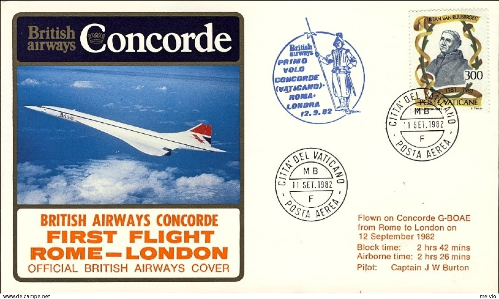 Vaticano-1982 Ufficiale British Airways Concorde I^volo Roma Londra Del 12 Sette - Poste Aérienne