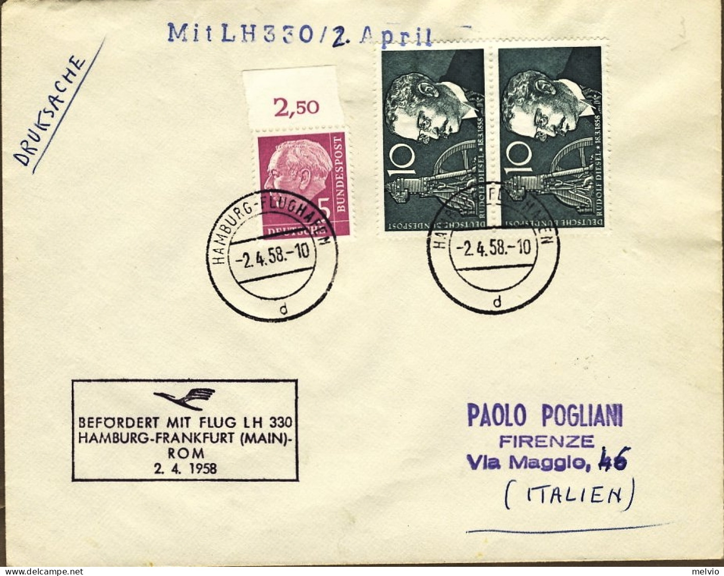 1958-Germania Occidentale I^volo Amburgo Roma Del 2 Aprile - Lettres & Documents
