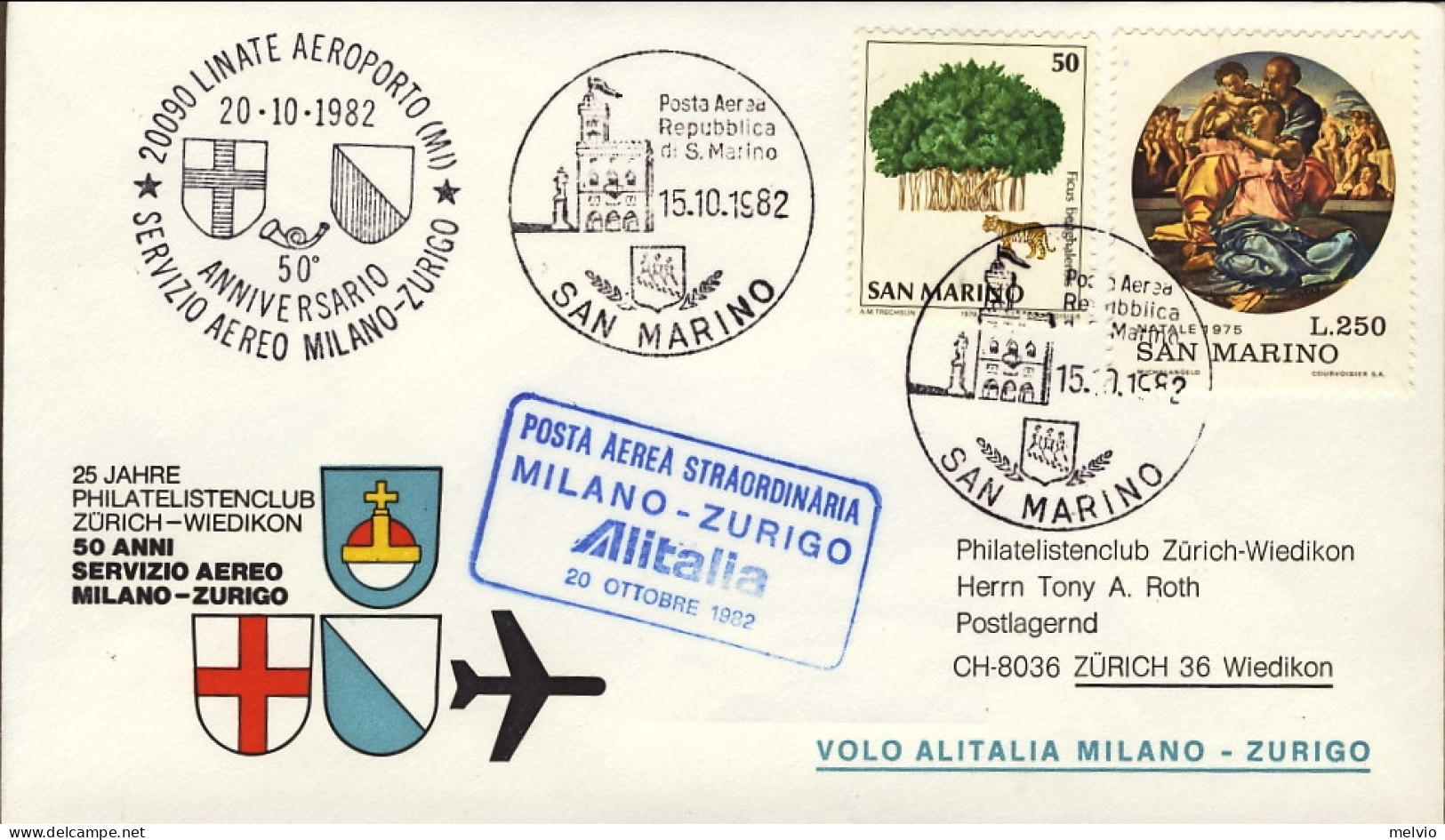 San Marino-1982 Cinquant'anni Servizio Aereo Milano-Zurigo,bollo Posta Aerea Str - Luchtpost