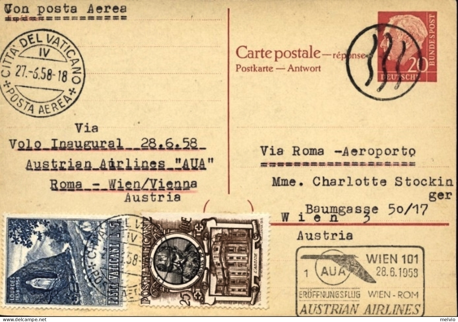 Vaticano-1958 Cat.Pellegrini N.866 Euro 85, I^volo AUA Roma-Vienna Due Valori Su - Luftpost