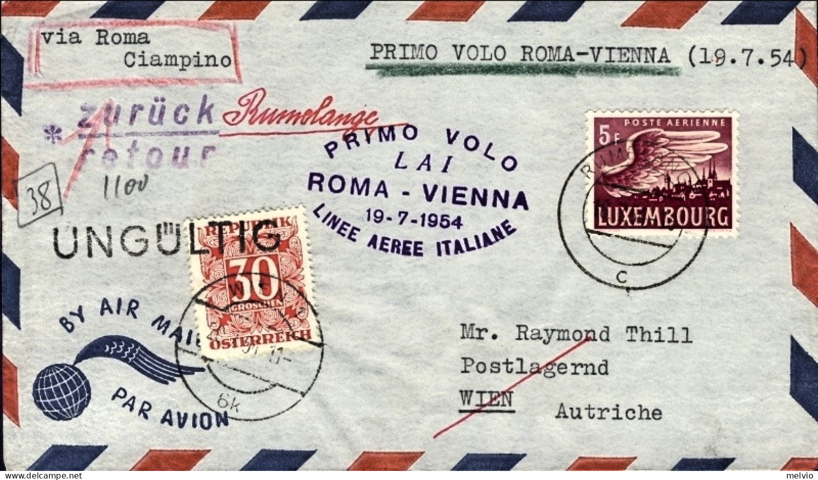 1954-Luxembourg Lussemburgo Cat.Pellegrini N.592 Euro 110, I^volo LAI Roma-Vienn - Storia Postale