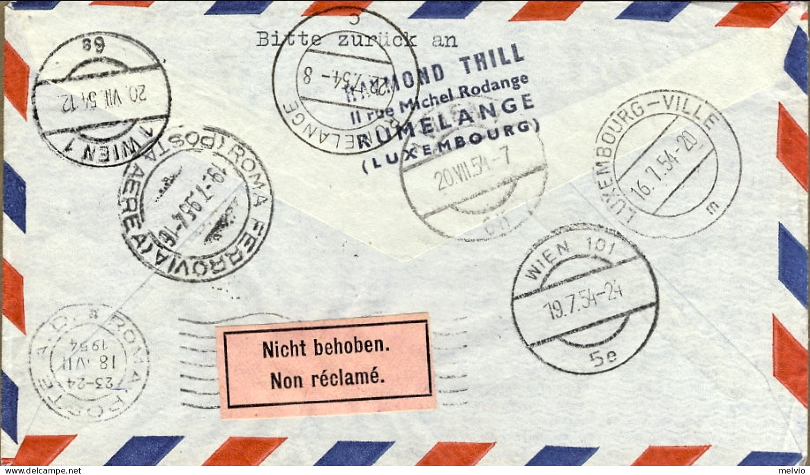 1954-Luxembourg Lussemburgo Cat.Pellegrini N.592 Euro 110, I^volo LAI Roma-Vienn - Brieven En Documenten