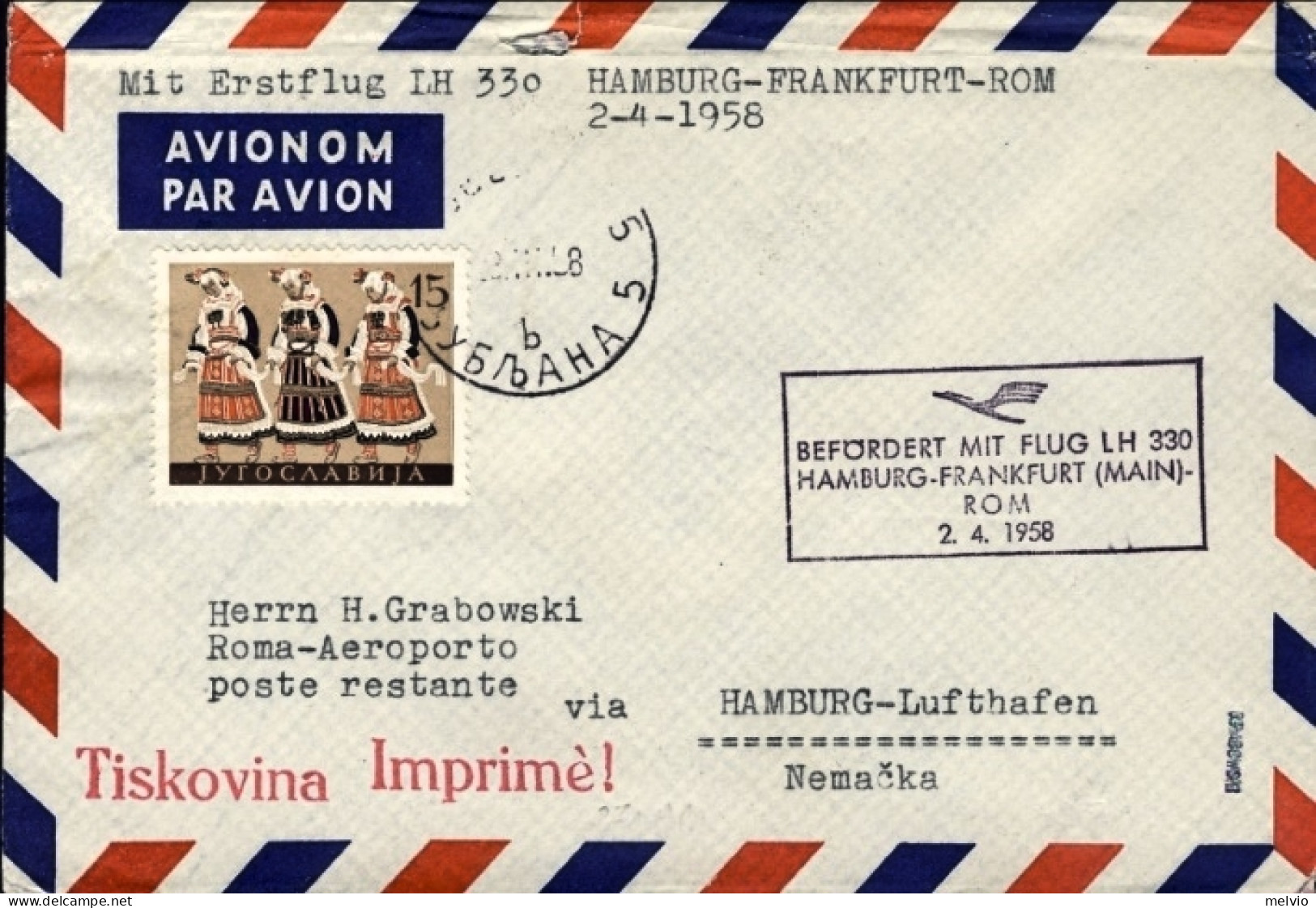 1958-Jugoslavia Cat.Pellegrini N.817 Euro 75, I^volo Lufthansa Hamburg Frankfurt - Posta Aerea