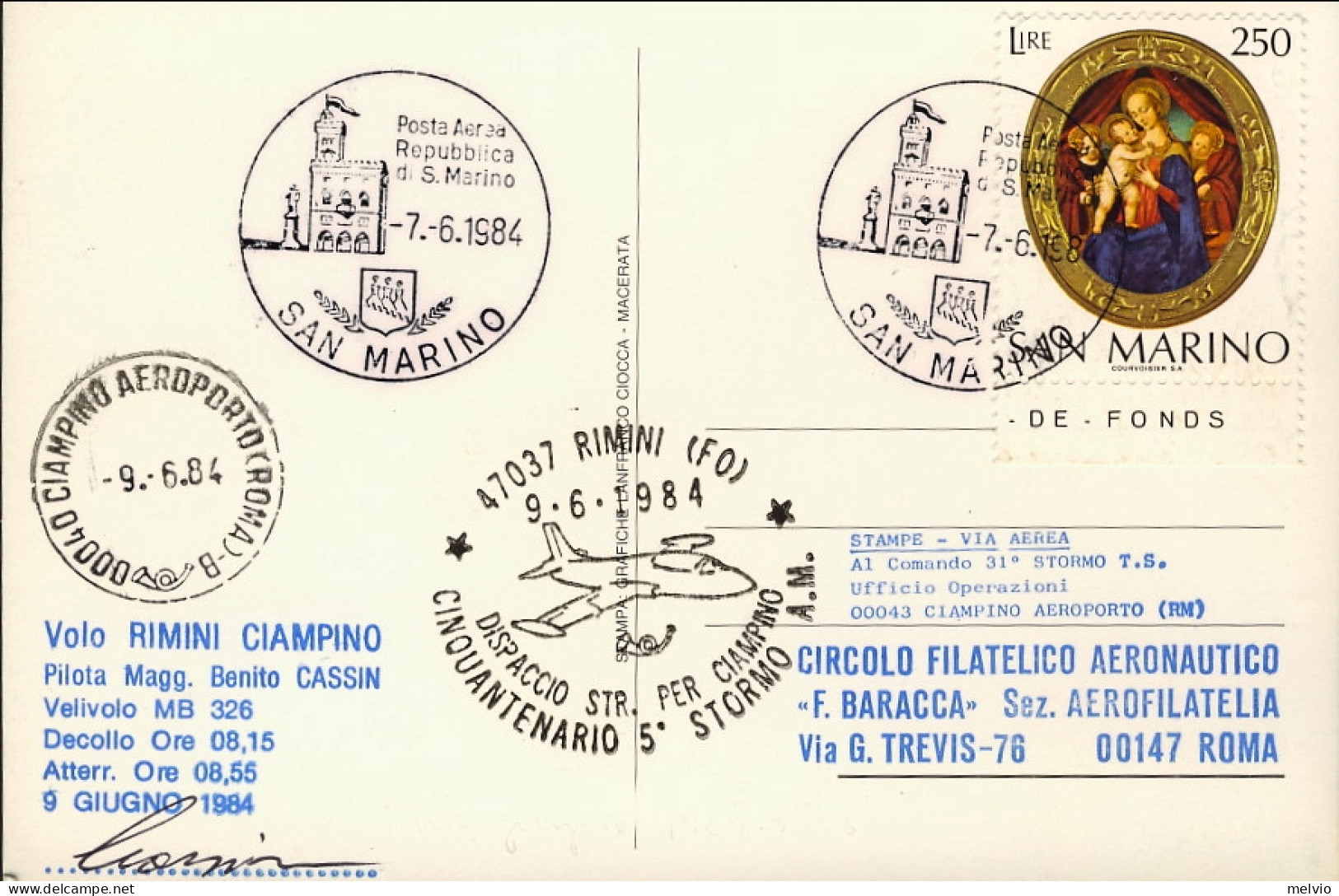 San Marino-1984 Cartolina Cinquantenario 5^ Stormo A.M.,dispaccio Volo Straordin - Airmail