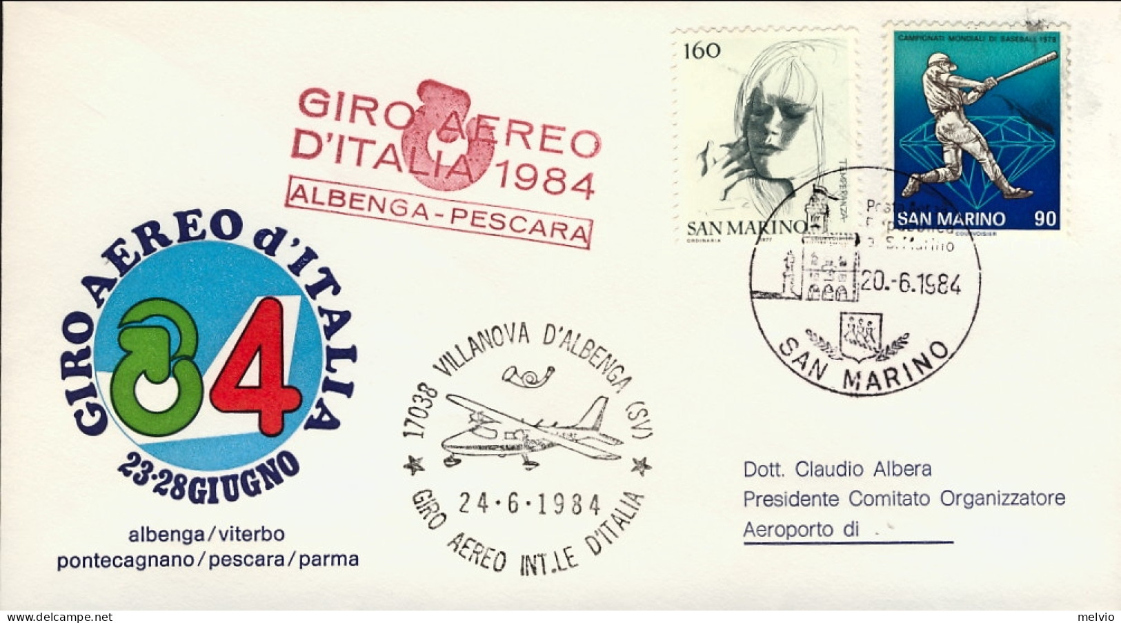 San Marino-1984 Giro Aereo Internazionale D'Italia 23-28 Giugno Tappa Albenga Pe - Airmail
