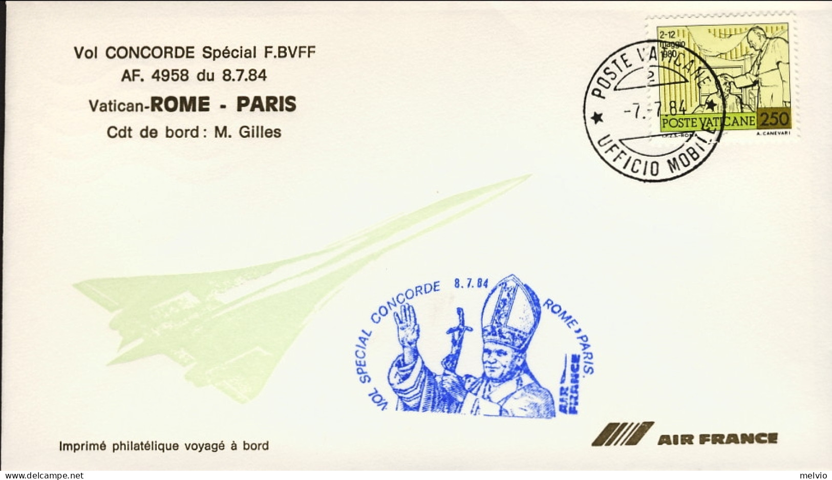Vaticano-1984 Volo Speciale Concorde Roma Parigi Con Certificato Di Bordo - Poste Aérienne