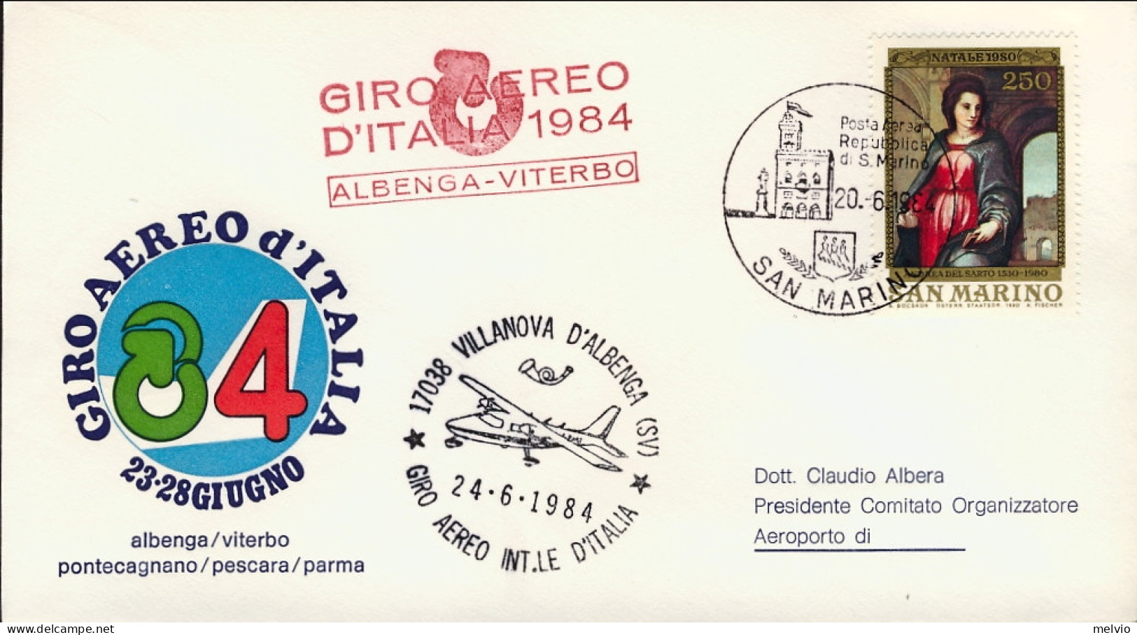 San Marino-1984 Giro Aereo Internazionale D'Italia 23-28 Giugno Tappa Albenga Vi - Corréo Aéreo