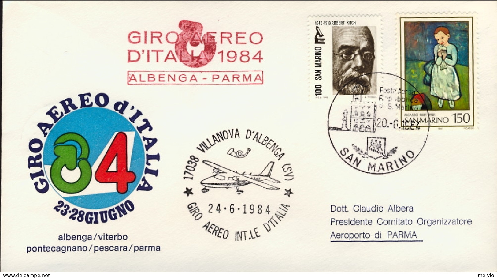 San Marino-1984 Giro Aereo Internazionale D'Italia 23-28 Giugno Tappa Albenga Pa - Poste Aérienne