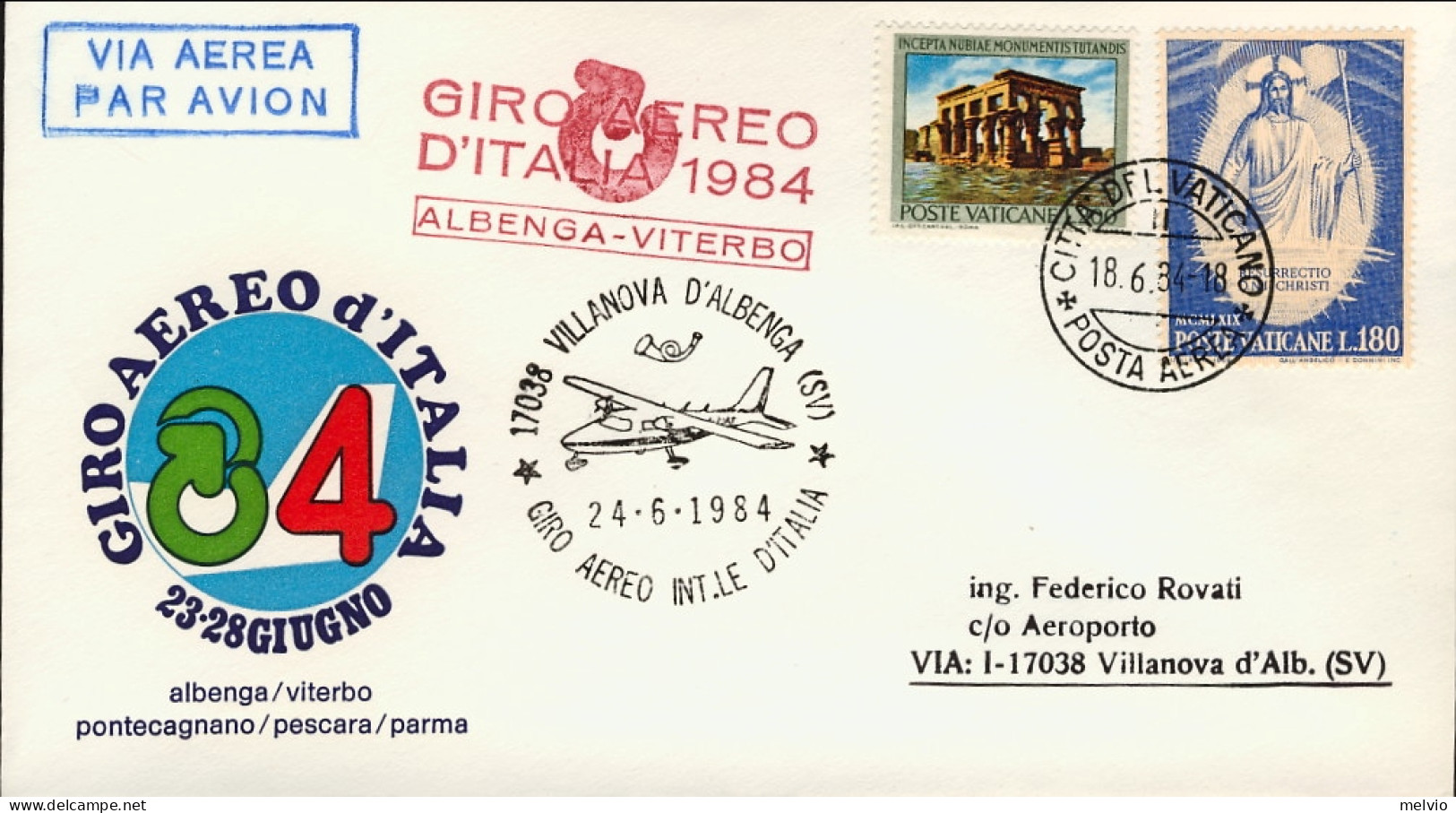 1984-Vaticano Giro Aereo Internazionale D'Italia 23-28 Giugno Tappa Albenga Vite - Poste Aérienne