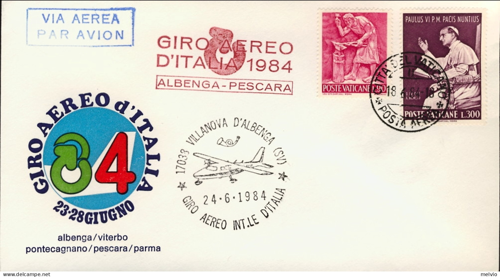1984-Vaticano Giro Aereo Internazionale D'Italia 23-28 Giugno Tappa Albenga Pesc - Poste Aérienne