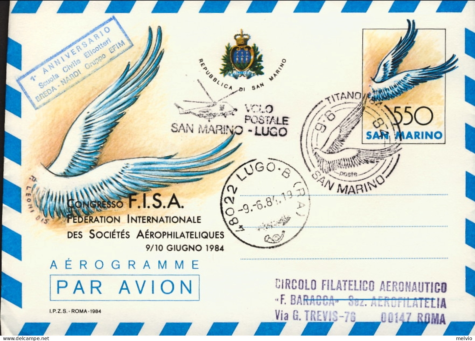 San Marino-1984 Biglietto Postale Aereo L.550 Soprastampato Congresso F.I.S.A. D - Poste Aérienne