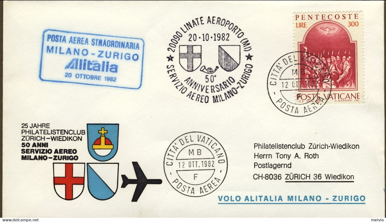 Vaticano-1982 Cinquant'anni Servizio Aereo Milano-Zurigo,bollo Posta Aerea Strao - Airmail