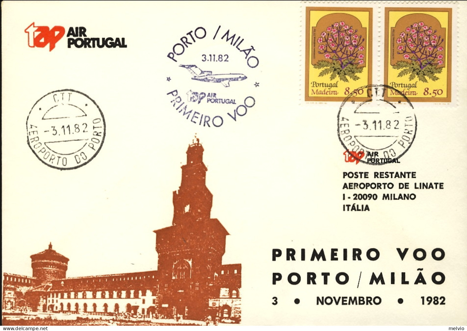 1982-Portogallo Ufficiale I^volo TAP Porto-Milano Del 3 Novembre - Storia Postale