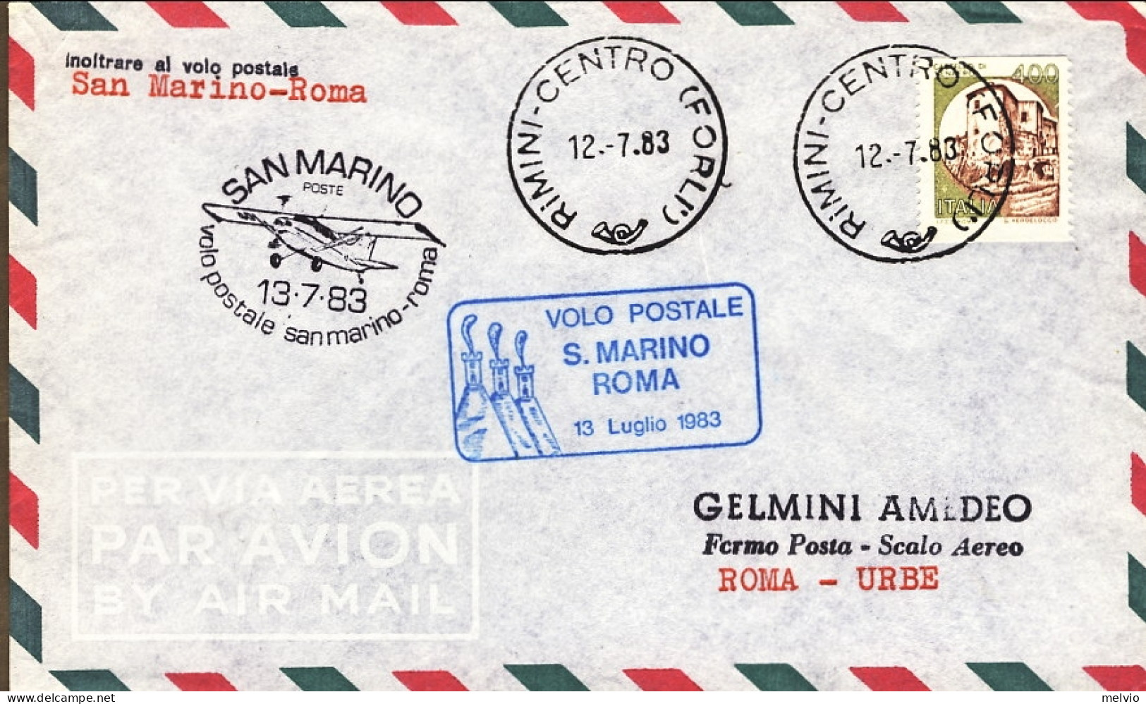 1983-con Bolli Del Volo Postale San Marino Roma Del 13 Luglio - Poste Aérienne