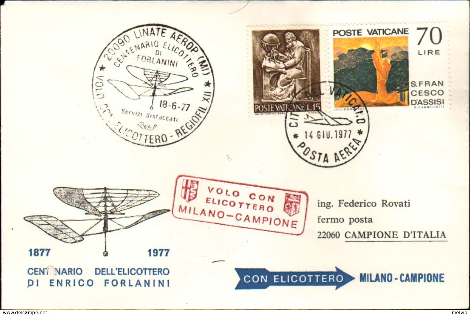 Vaticano-1977 Centenario Dell'elicottero Di Enrico Forlanini,volo Speciale Con E - Airmail