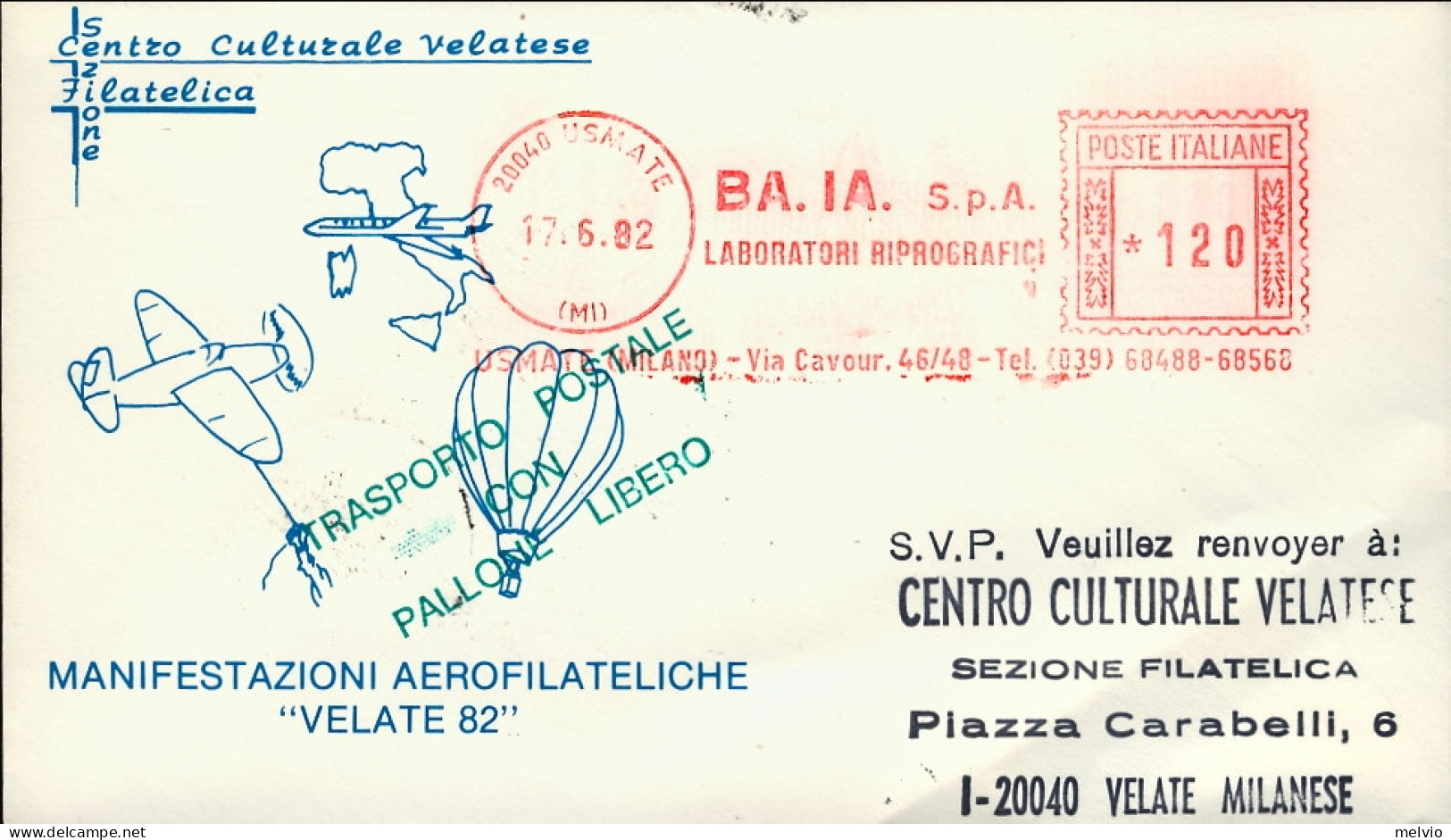 1982-manifestazione Aerofilateliche Velate '82 Con Affrancatura Meccanica Rossa  - Frankeermachines (EMA)