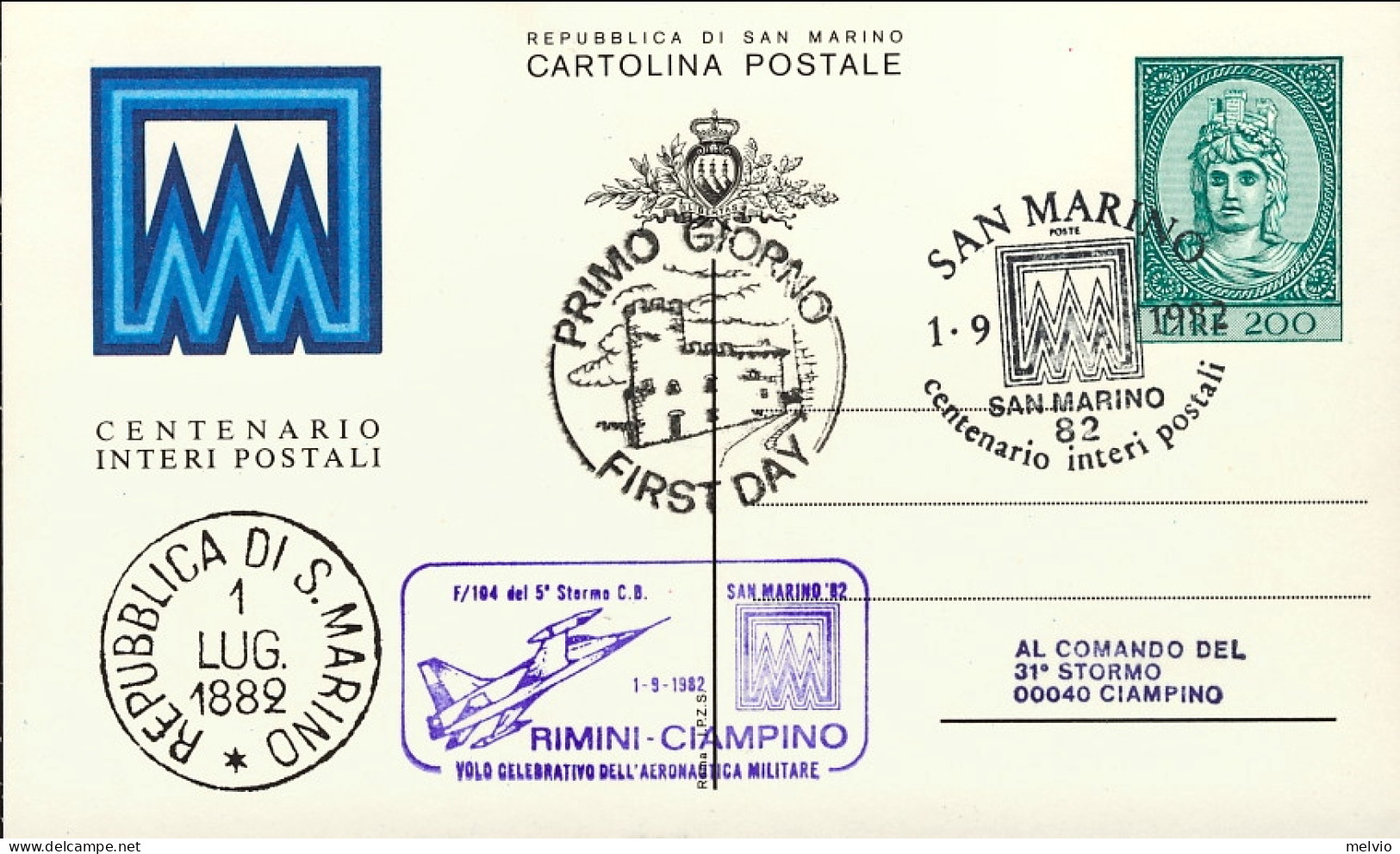 San Marino-1982 "volo Celebrativo Dell'aeronautica Militare Rimini Ciampino Con  - Luchtpost