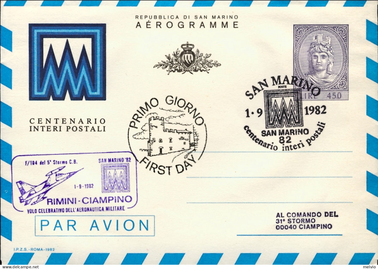 San Marino-1982 "volo Celebrativo Dell'aeronautica Militare Rimini Ciampino Con  - Poste Aérienne