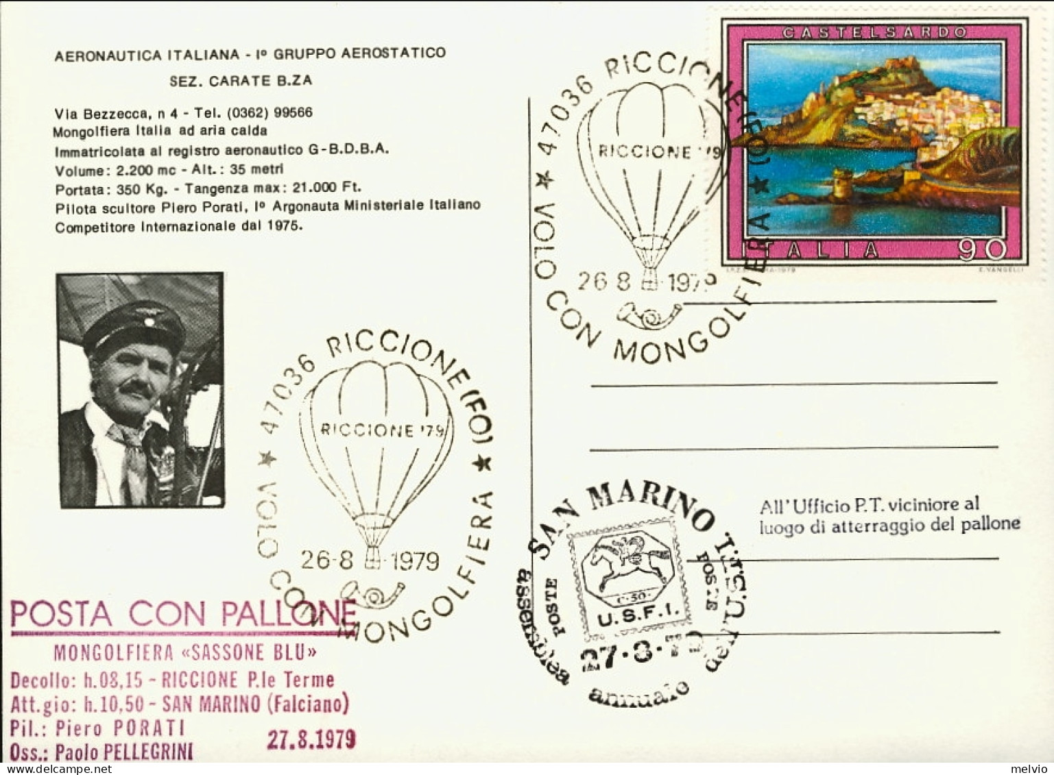 1979-cartolina Mongolfiera Italia Bollo Amaranto Posta Con Pallone Mongolfiera S - Poste Aérienne