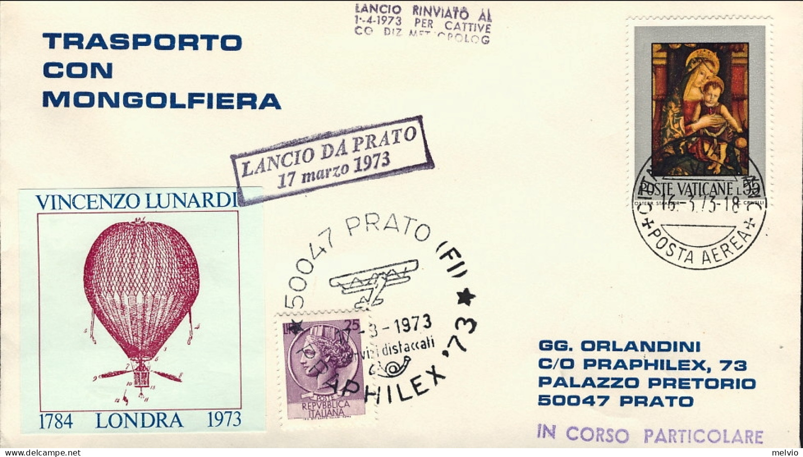 Vaticano-1974 Trasportato Con Mongolfiera Lancio Da Prato Lancio Rinviato Al 1 A - Aéreo