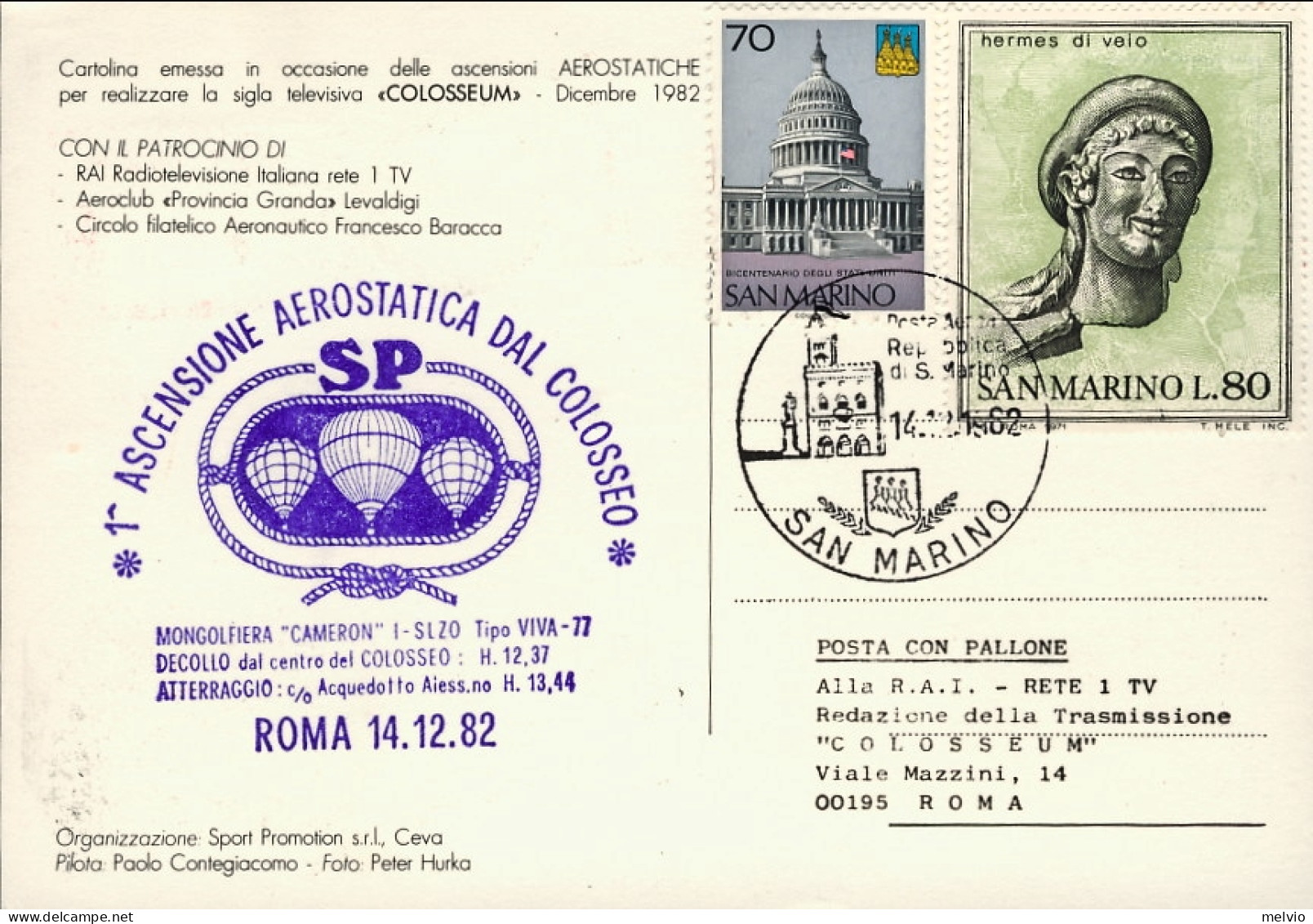 San Marino-1982 Cartolina Mongolfiere In Volo Con Bollo I Ascensione Aerostatica - Poste Aérienne
