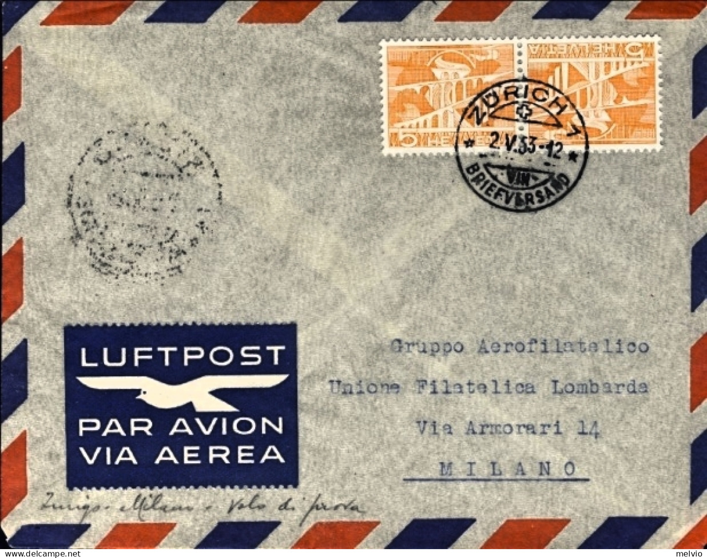 1953-Svizzera Cat.Pellegrini N.554 Euro 110, Volo Di Prova Swissair Zurigo Milan - Storia Postale