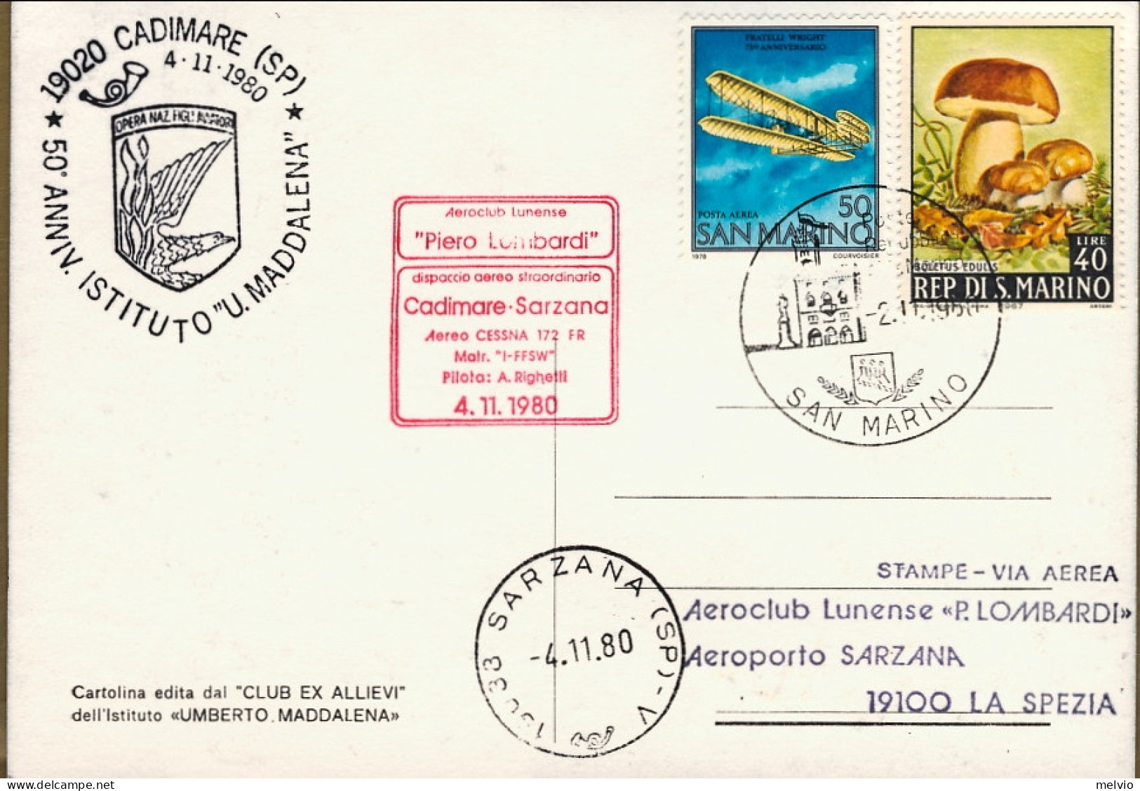 San Marino-1980 Cartolina Per Il Cinquantenario Della Fondazione Istituto U. Mad - Poste Aérienne