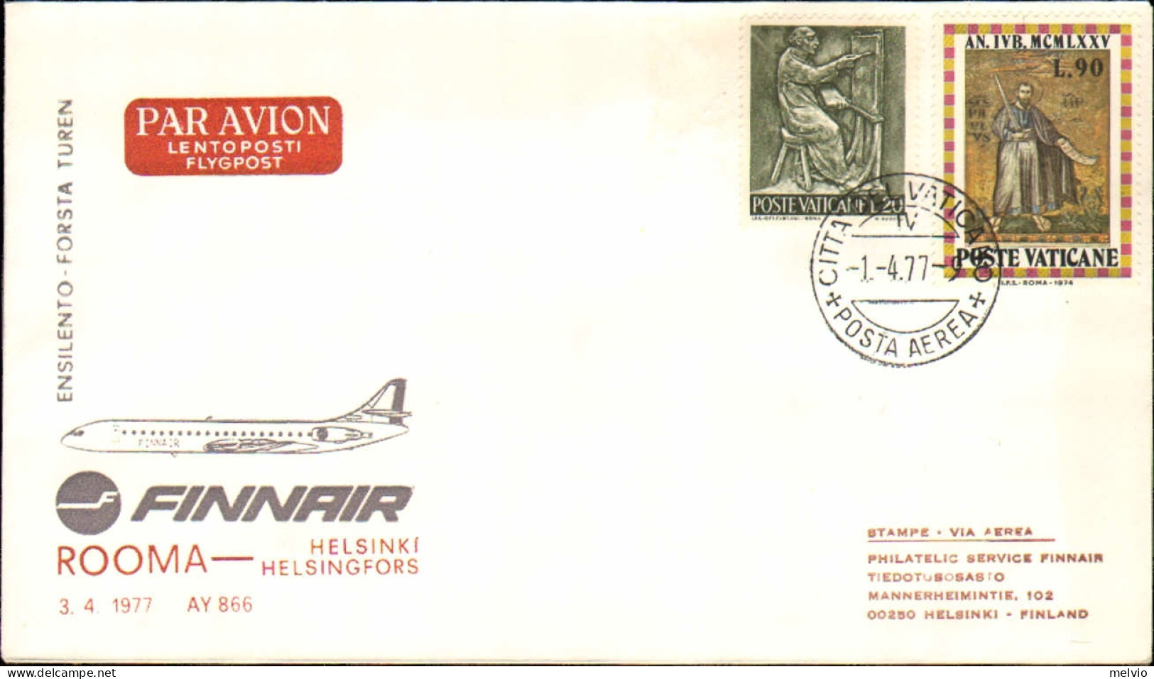 Vaticano-1977 I^volo Della Finnair Roma Helsinki - Airmail