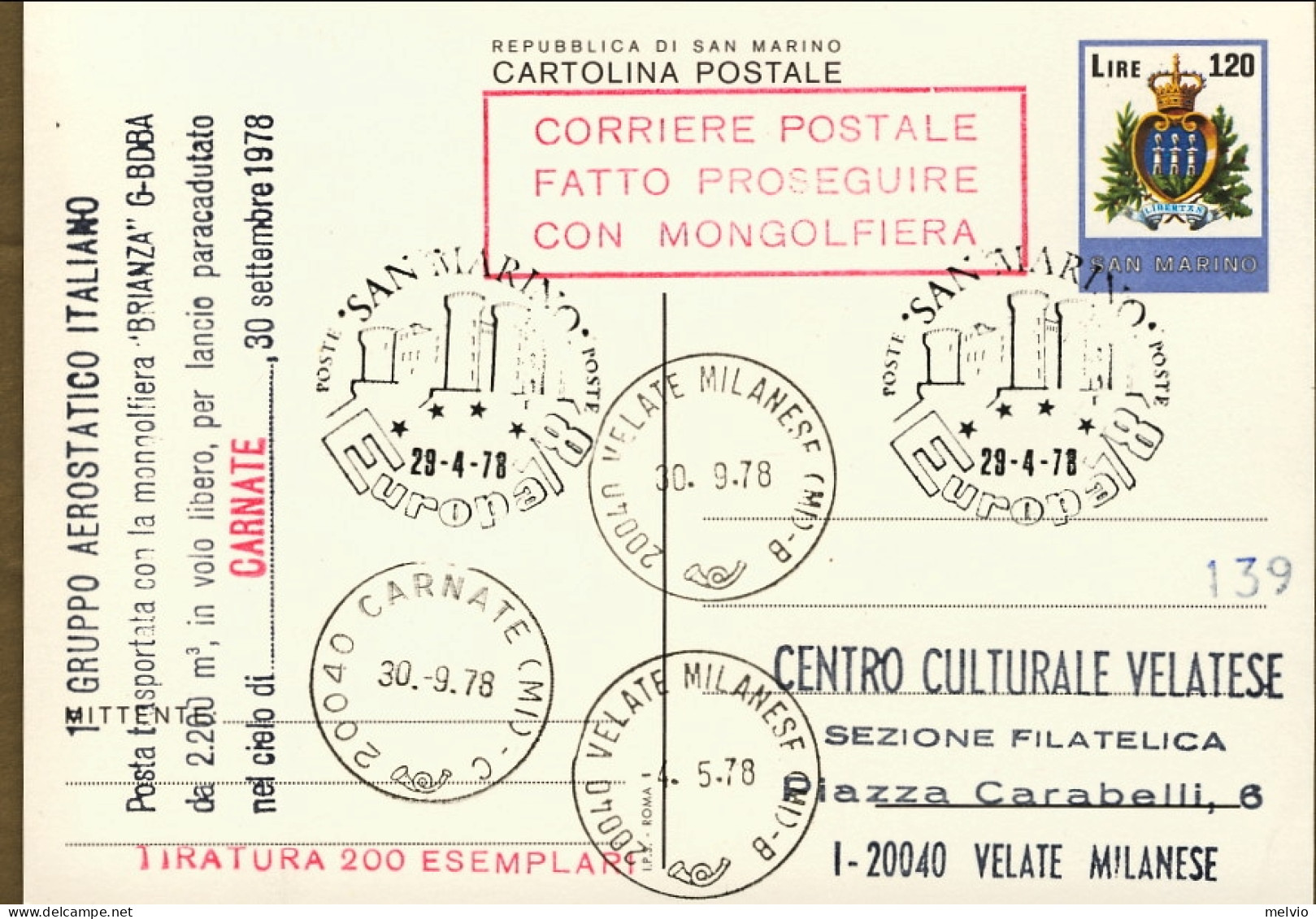 San Marino-1978 Cartolina Postale L.120 Con Bollo Lineare Posso Trasportata Con  - Posta Aerea