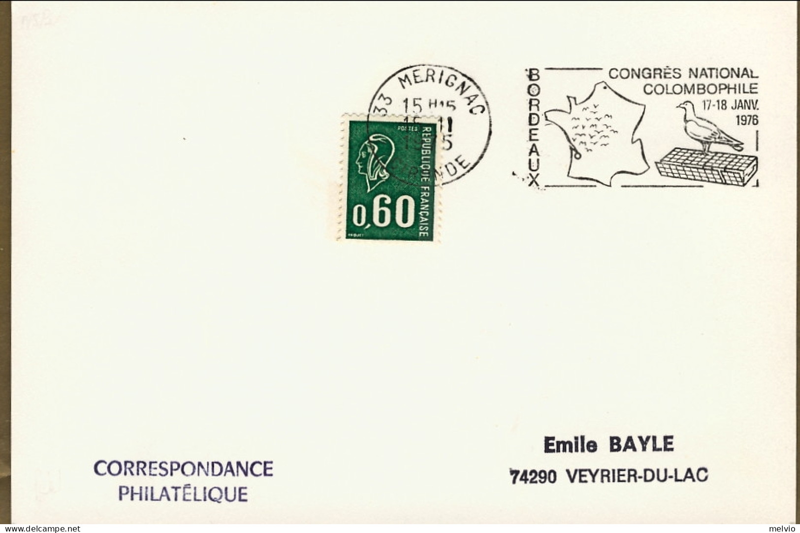 1975-Francia Cartolina Affrancata Bollo Meccanico Congres Colombophile National  - 1961-....