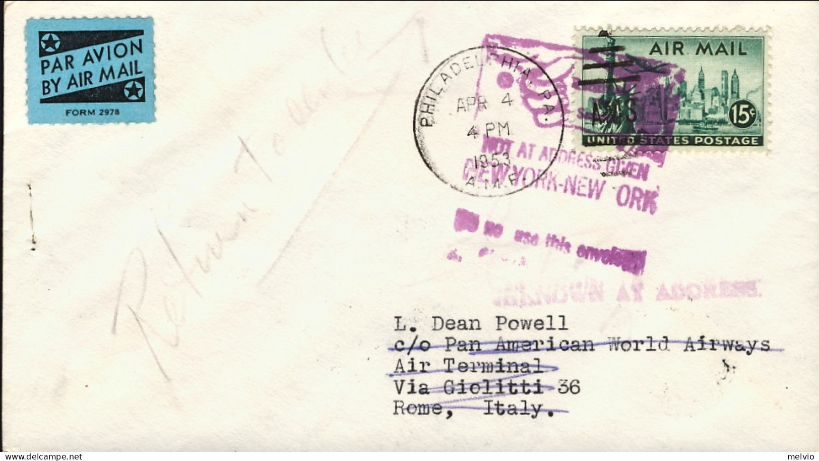 1953-U.S.A. First Flight Cover I^ Volo Pan Am Philadelphia Roma Del 4 Aprile (so - 2c. 1941-1960 Storia Postale